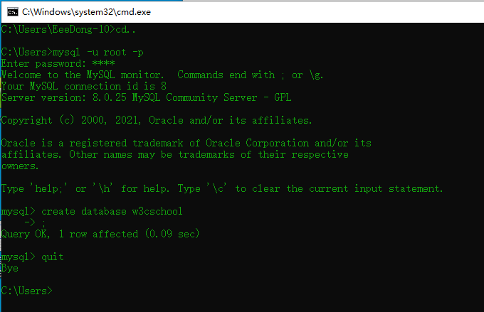 mysql命令行的登陆使用和退出